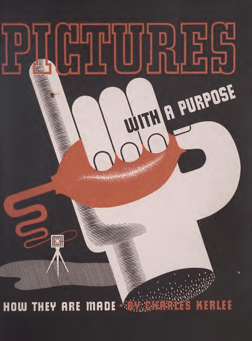 A 1939 book cover in orange, cream and black: a stylised hand pointing, a small camera on a tripod, and the title Pictures With a Purpose.
