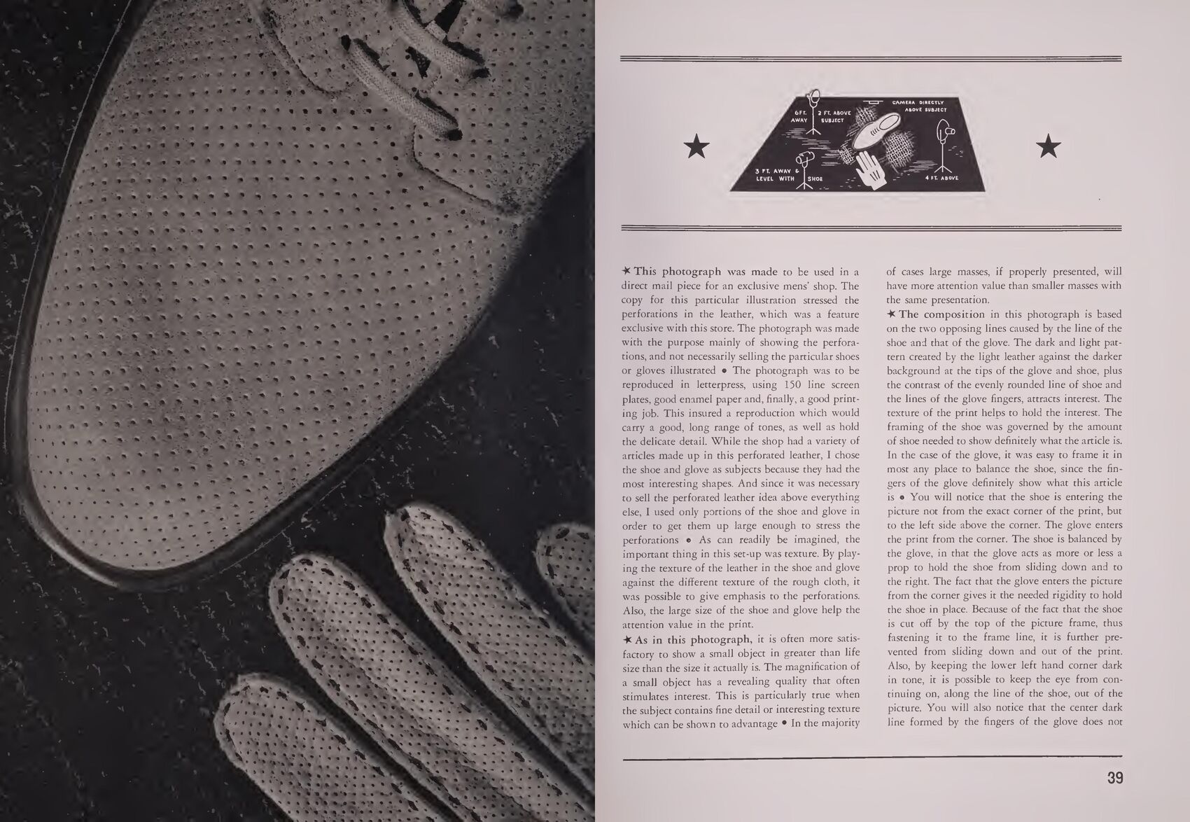 A book spread. On the left, a dramatic close-up of a perforated leather shoe resting against a perforated glove. On the right, a lighting diagram showing camera and lamp positions, above two dense columns of text.